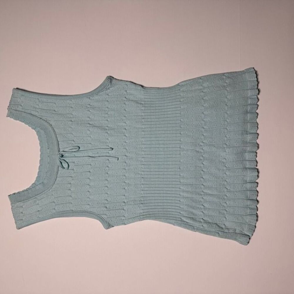 Women’s Light Blue Knit Tank Top Sleeveless Ribbed Sweater Blouse Tie Neck VTG